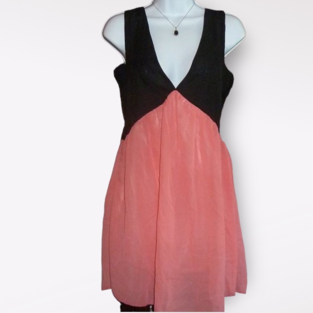 Short Sexy Black & Orange Coral, Deep V-Neck Dress, Chiffon Lined Skirt, M L New
